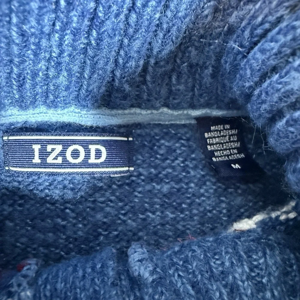 IZOD Sweater Mens Medium Blue Fair Isle Pullover Button Neck Winter Knit Cotton